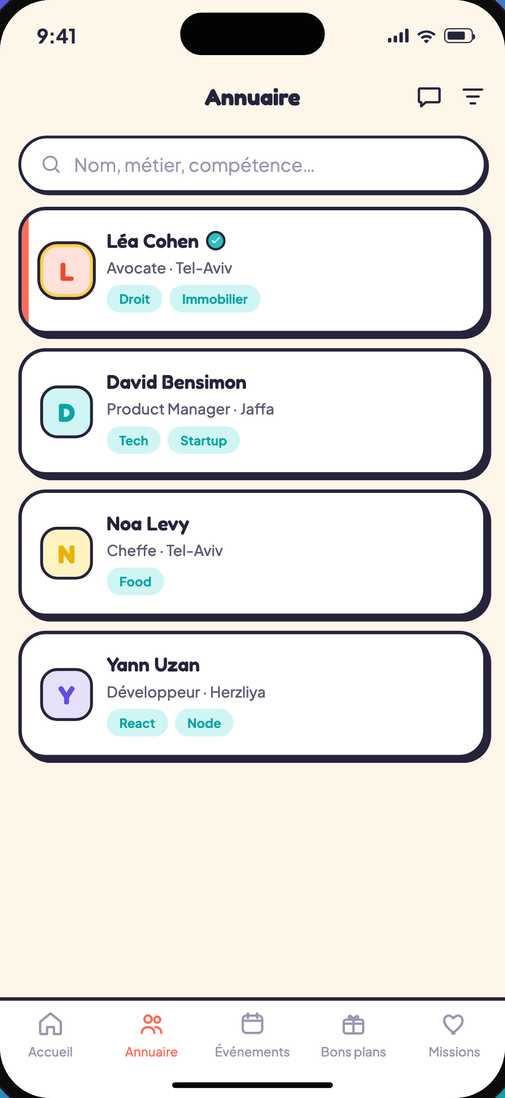 L'écran Annuaire de l'app Messima