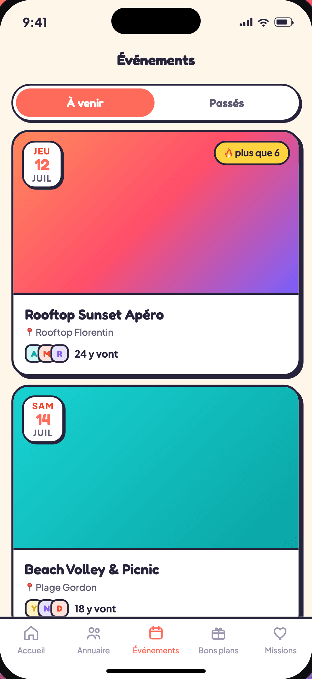 L'écran Événements de l'app Messima