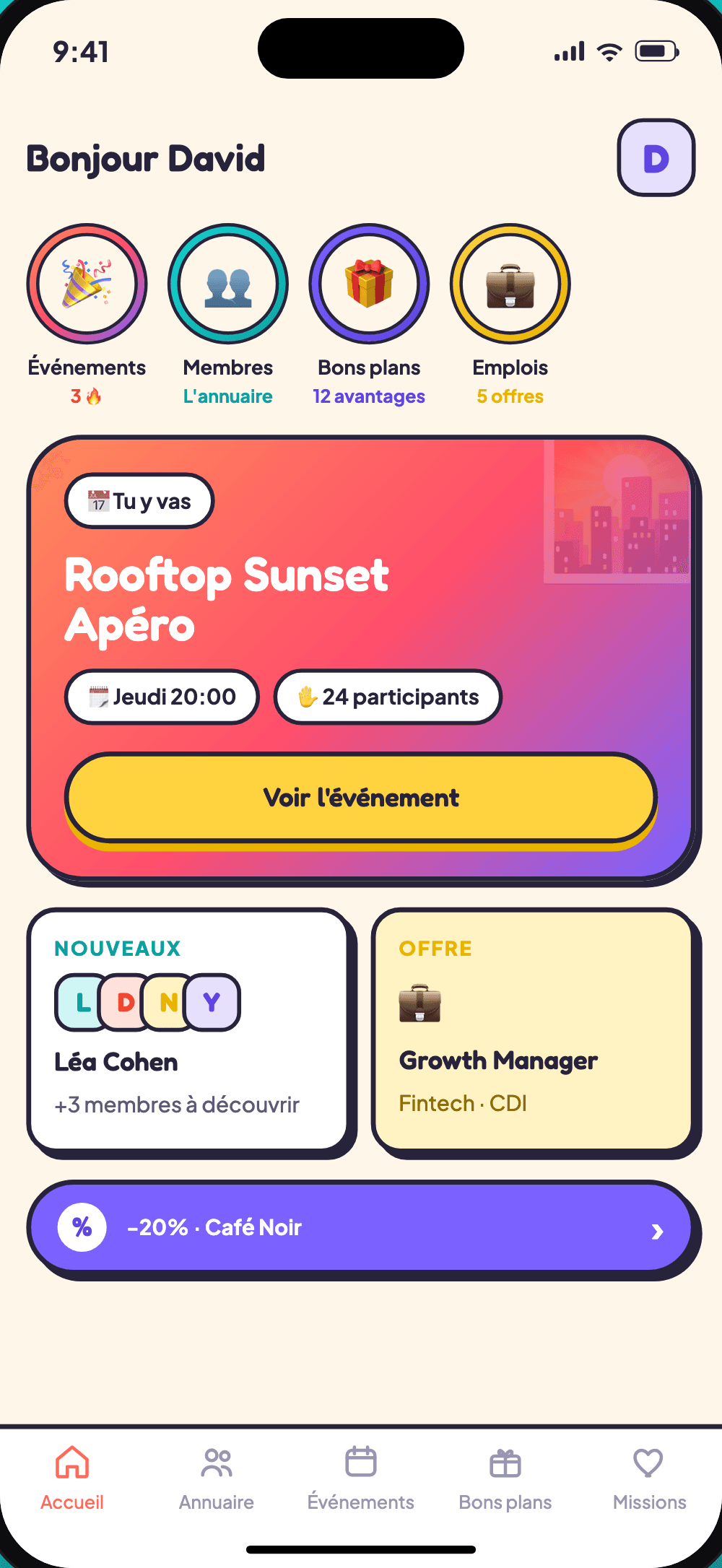 L'écran d'accueil de l'app Messima