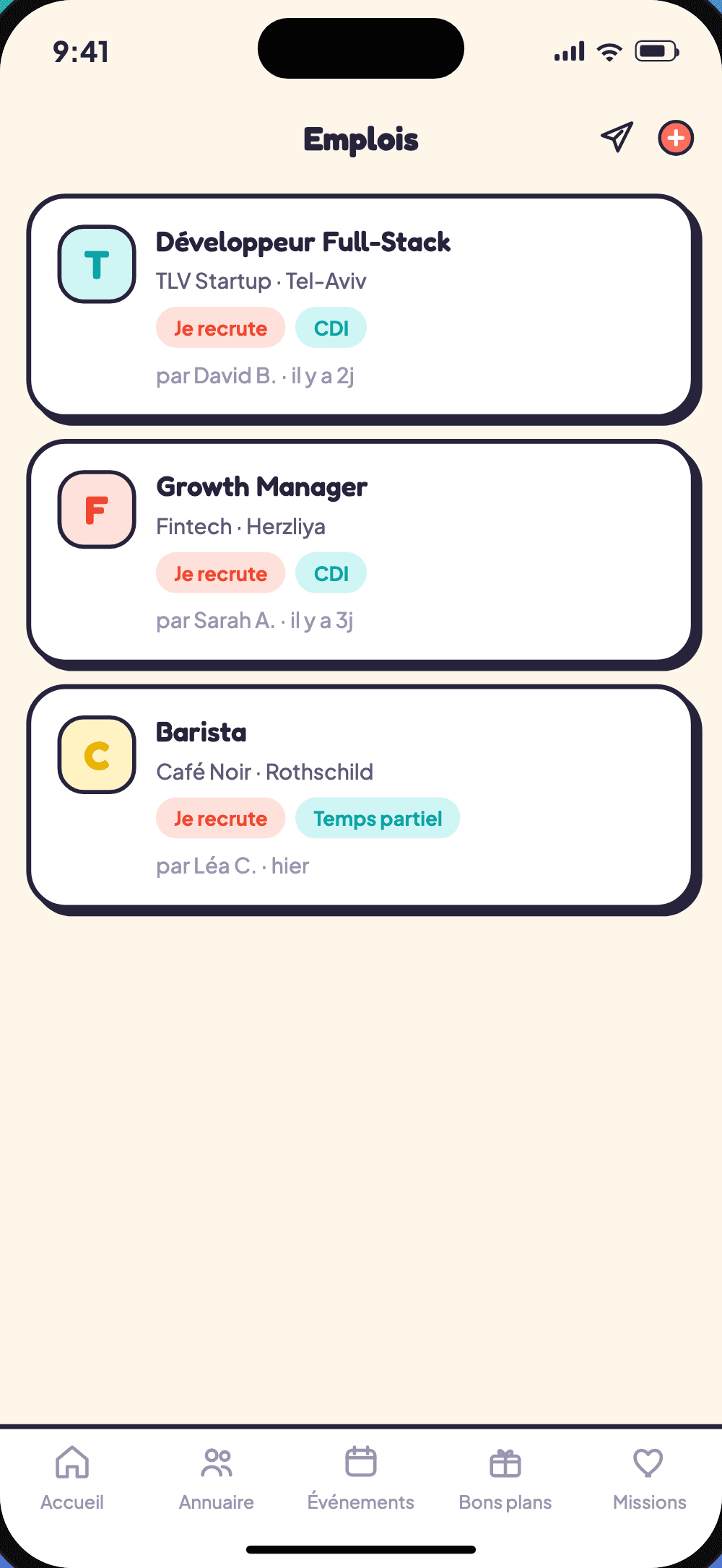 L'écran Emplois de l'app Messima