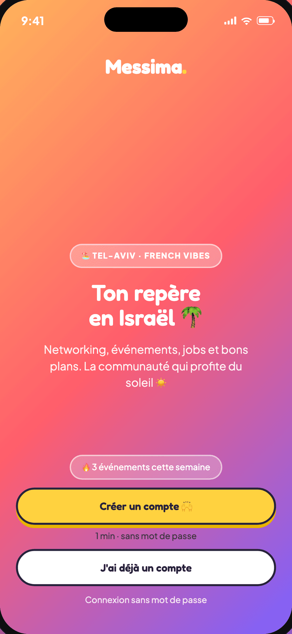 L'écran d'inscription de l'app Messima